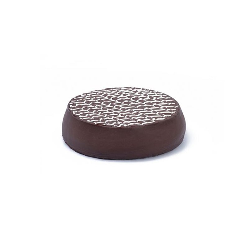 Round brown cushion with a white pattern on a white background. Send flowers to islamabad. send flowers to pakistan