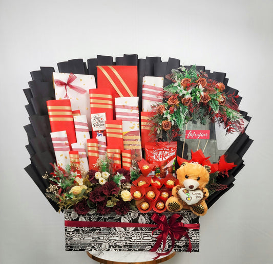 Greeting card display with floral arrangements, gift boxes, and a teddy bear on a white background