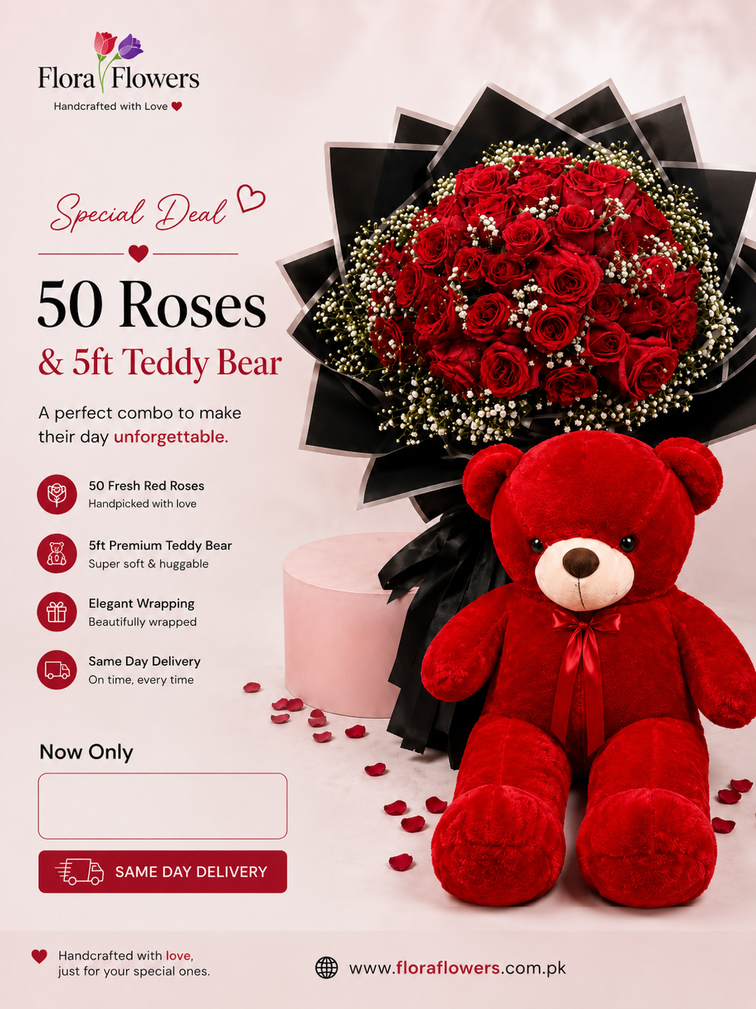 50 Roses & 5ft Teddy Bear