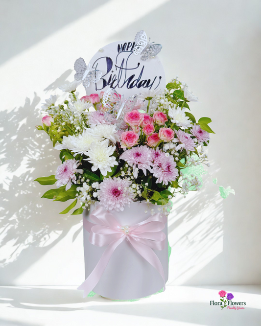 Bouquet of flowers with a 'Happy Birthday' card on a white background