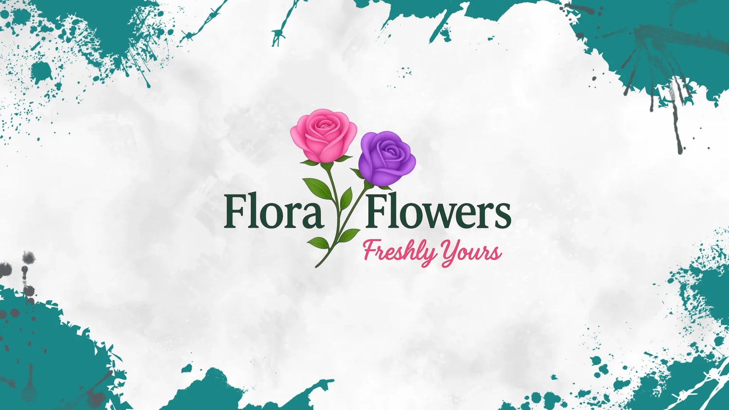 Flora Flowers logo with pink and purple roses on a white background with teal accents