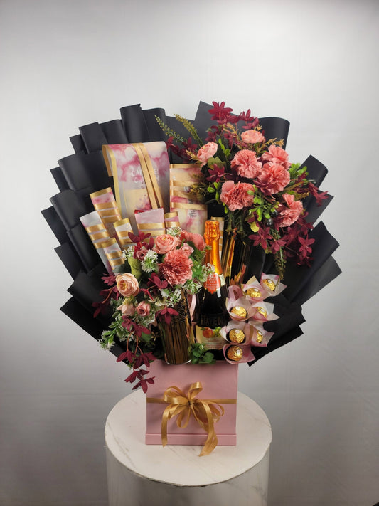 Bouquet of flowers with gift cards and candles on a white background