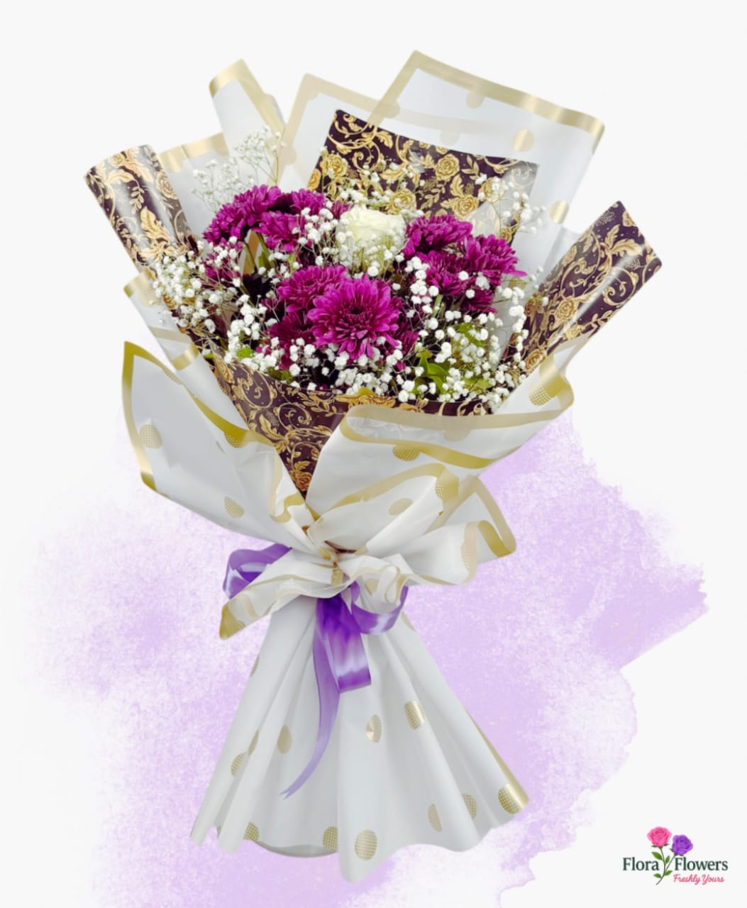 Bouquet of flowers wrapped in decorative paper with a purple ribbon on a light purple background.