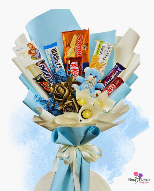 Bouquet of chocolate bars and small teddy bears with a blue ribbon on a white background